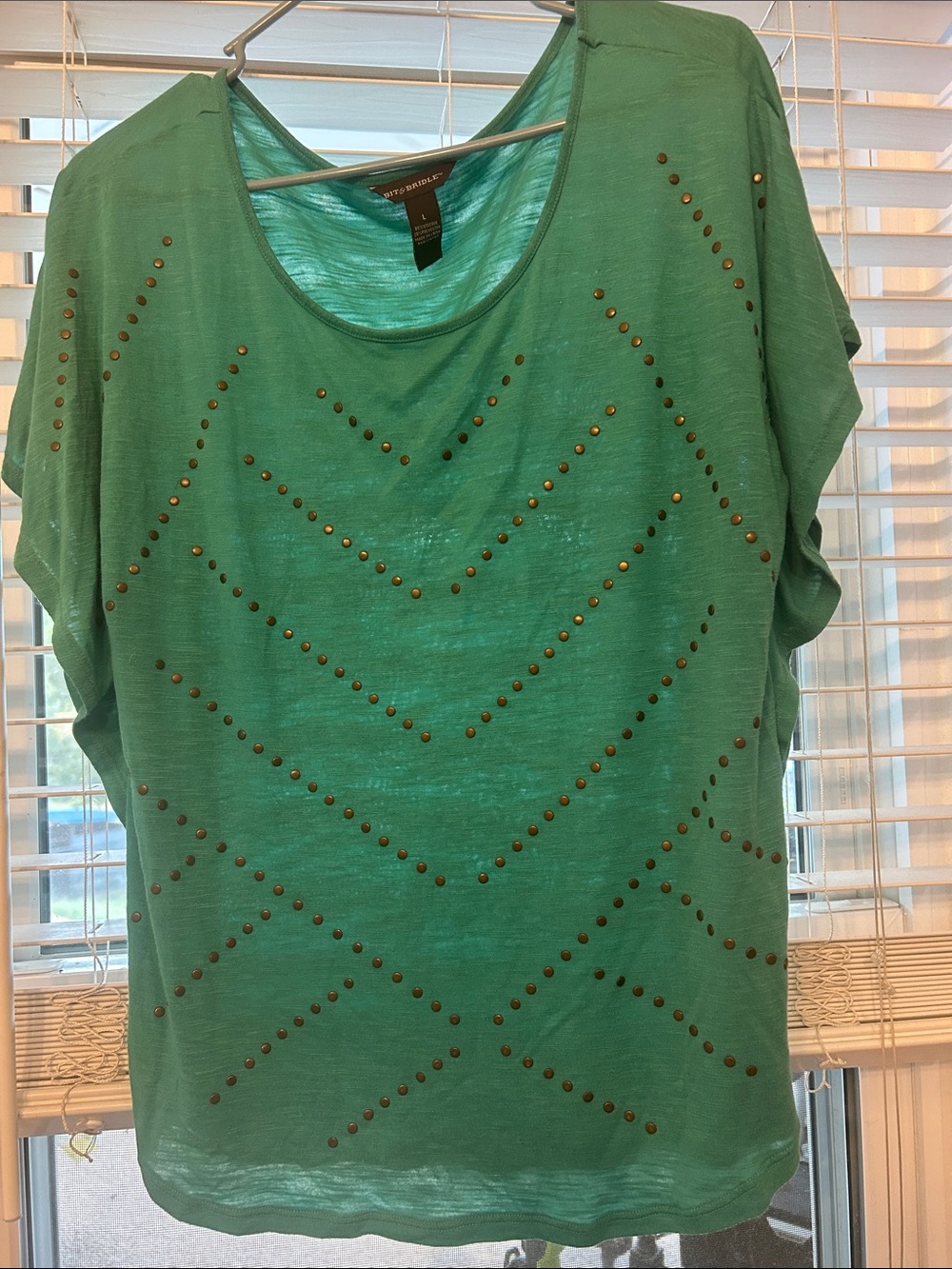 Bit and BridleSea Green Short Sleeve Scoop Neck Top with Stud Chevron Pattern
